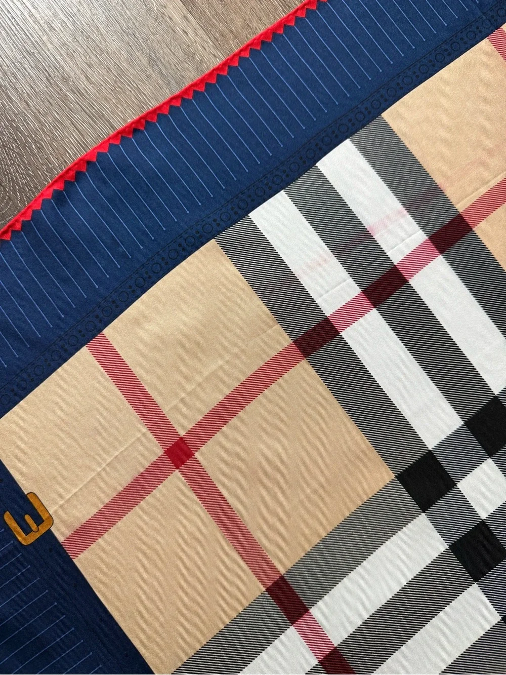 Display #1 Burberry Beige Nova Check Silk Scarf with Navy Border and Red Trim